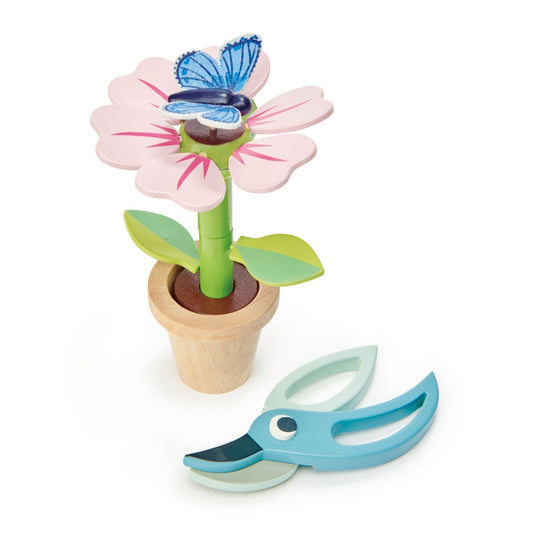 Pollinator Flowerpot — Pink-Petal Bloom, Blue Butterfly, and Bird-Beak Pruners - bramwild
