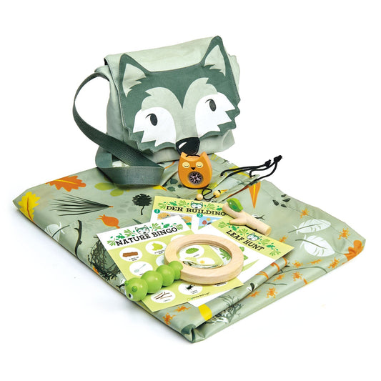 Forest Trail Pack — Wolf-Canvas Bag with Magnifier, Owl Compass, Groundsheet, and Nature Cards - bramwild