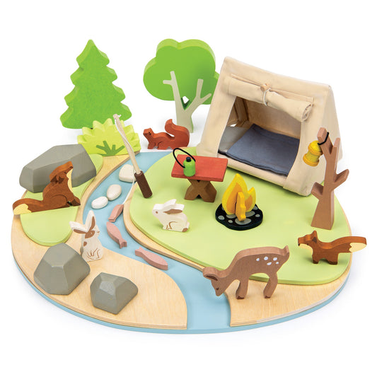 Wildlife Camping Diorama — Tent, Campfire, Fishing Rod, and Forest Animals on a Riverbank Base - bramwild