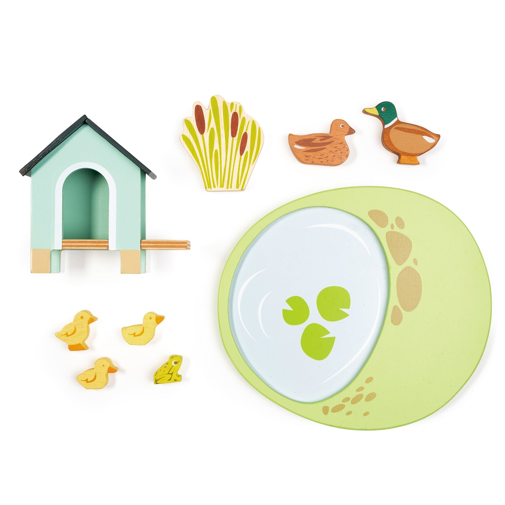 Garden Pond Set — Duck House with Mallards, Ducklings, Frog, and Reed Grass - bramwild