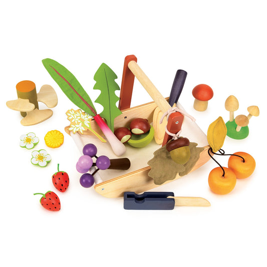 Foraging Trug — Hand-Painted Wooden Forage with Mushrooms, Berries, and Pocket Knife - bramwild