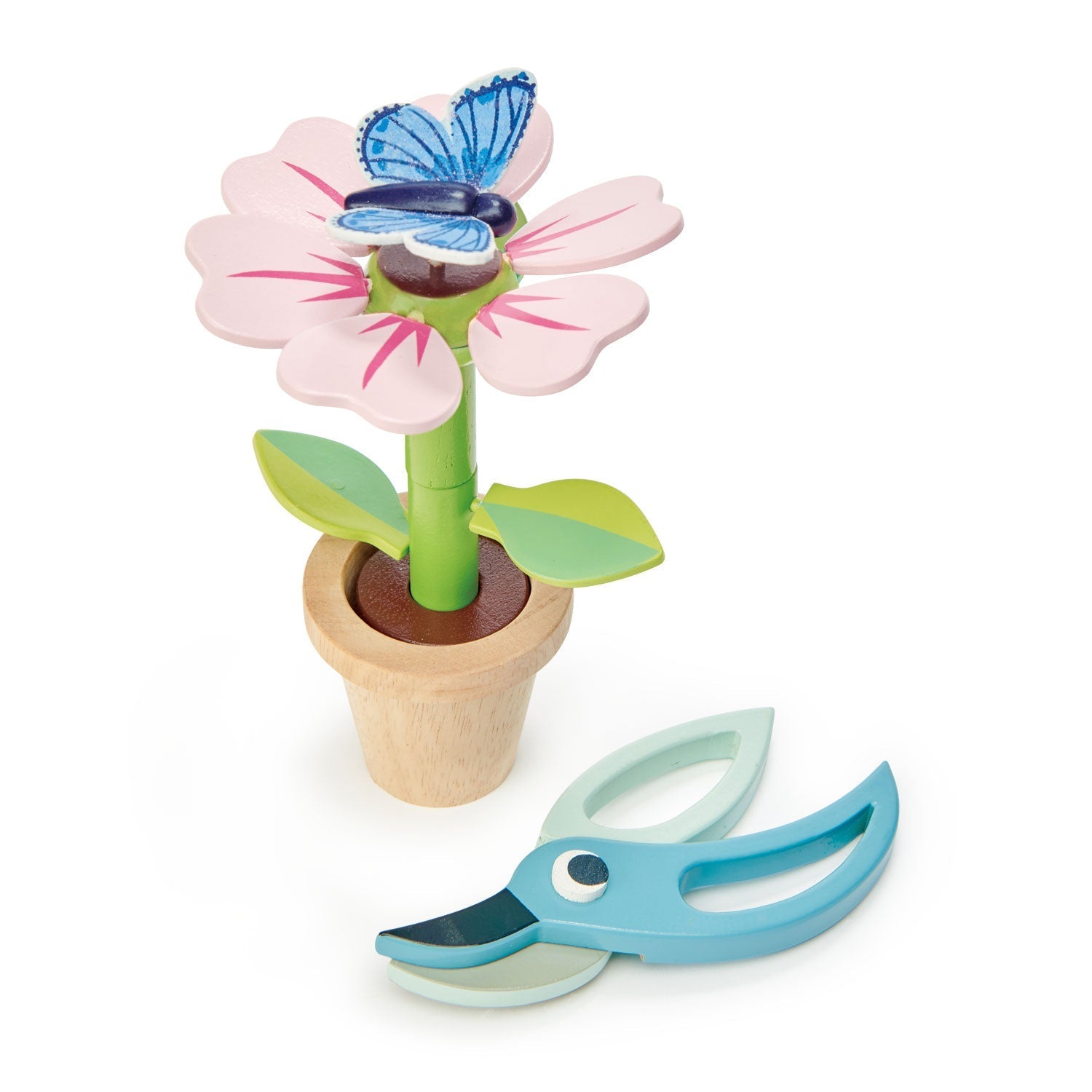 Pollinator Flowerpot — Pink-Petal Bloom, Blue Butterfly, and Bird-Beak Pruners - bramwild