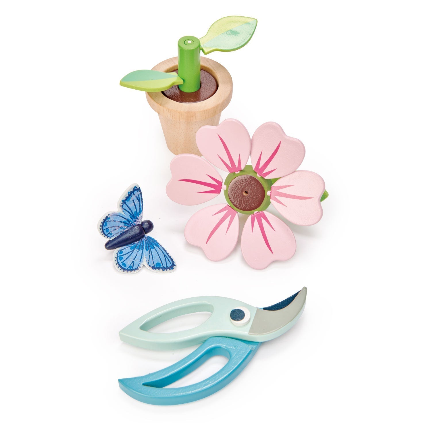 Pollinator Flowerpot — Pink-Petal Bloom, Blue Butterfly, and Bird-Beak Pruners - bramwild