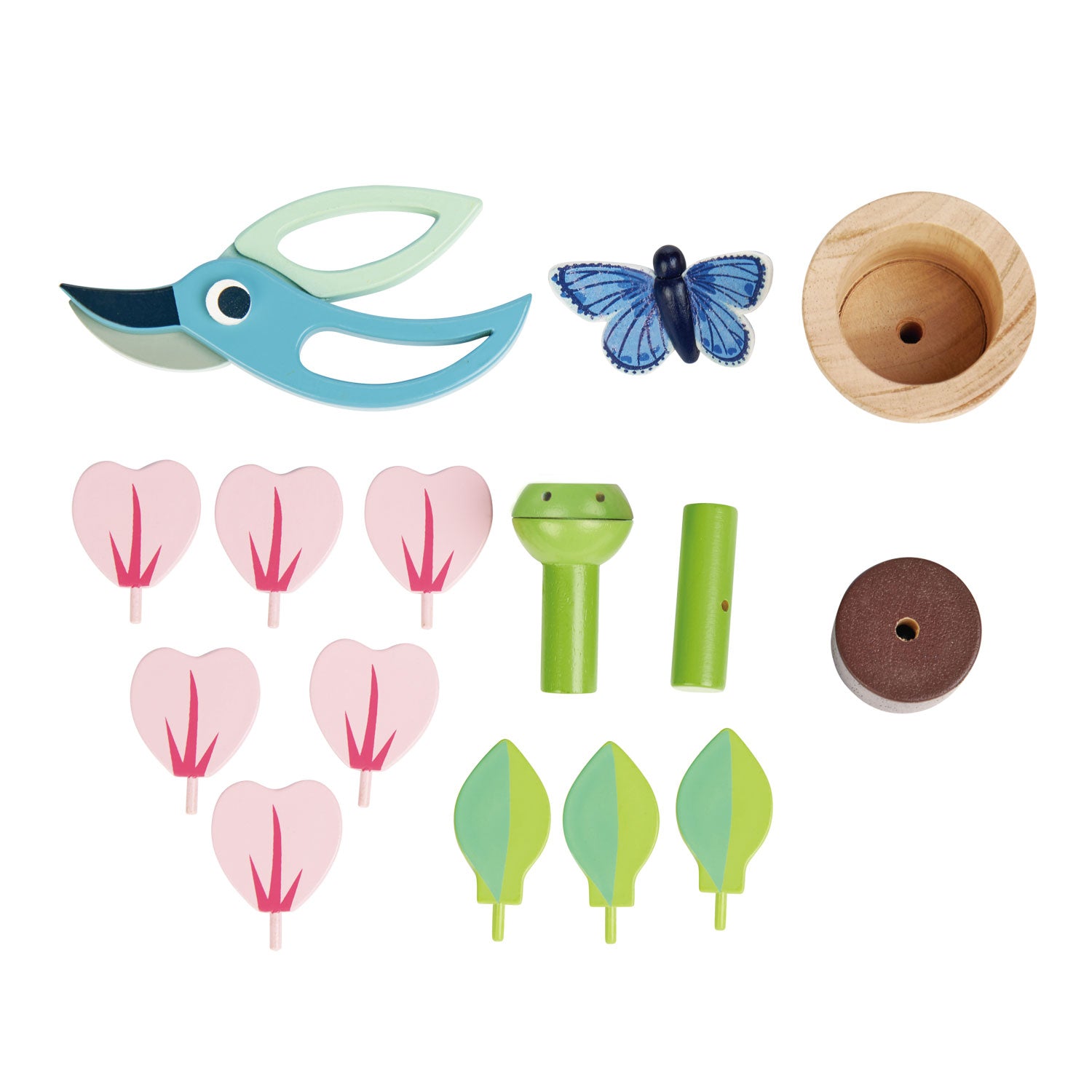 Pollinator Flowerpot — Pink-Petal Bloom, Blue Butterfly, and Bird-Beak Pruners - bramwild