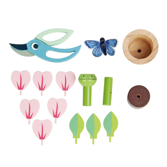 Pollinator Flowerpot — Pink-Petal Bloom, Blue Butterfly, and Bird-Beak Pruners - bramwild