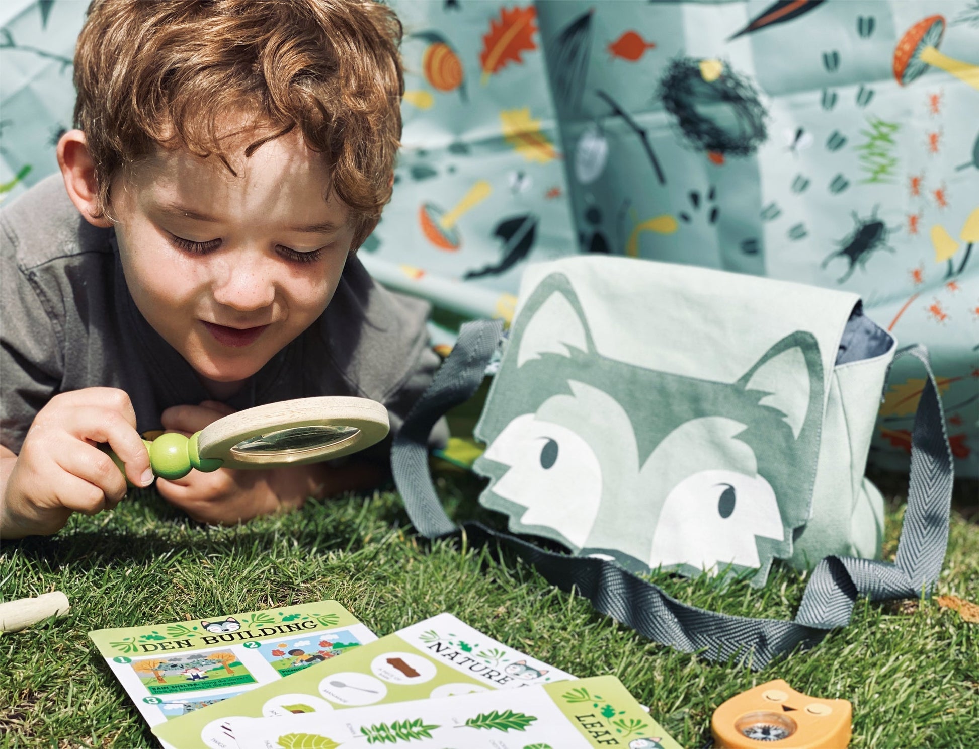 Forest Trail Pack — Wolf-Canvas Bag with Magnifier, Owl Compass, Groundsheet, and Nature Cards - bramwild
