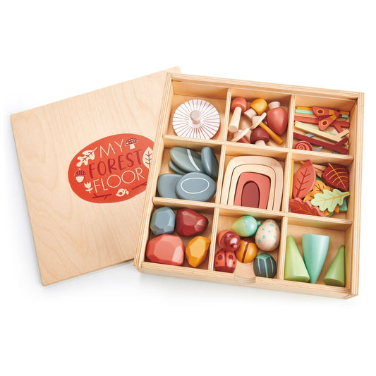 Wooden forest floor tray with chalkboard lid and all 40+ pieces arranged inside