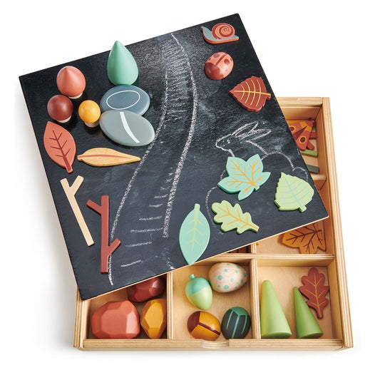 Open forest floor tray with cone trees, toadstools, beetles and tunnel pieces