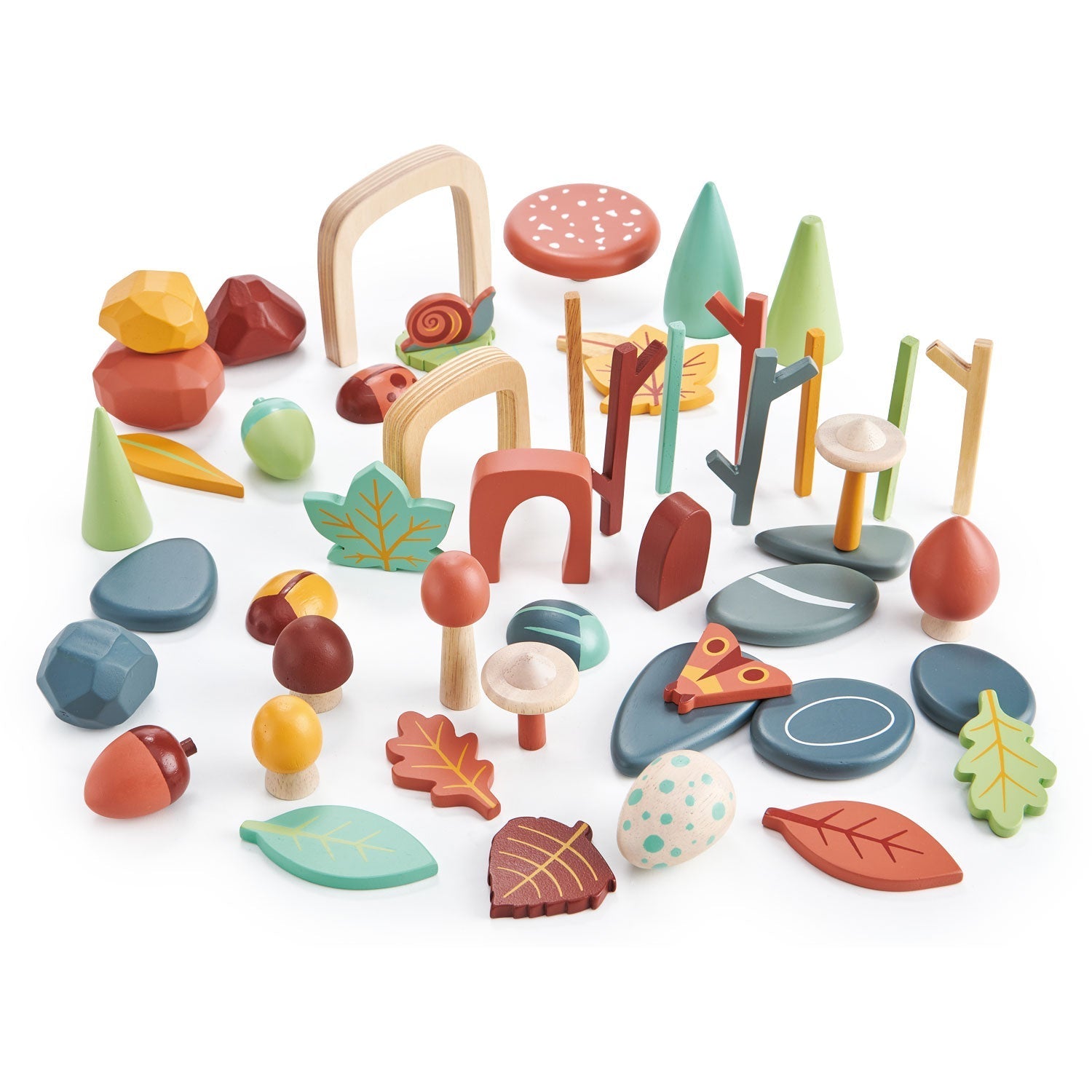 Forest floor tray filled with kinetic sand and arranged as a woodland scene