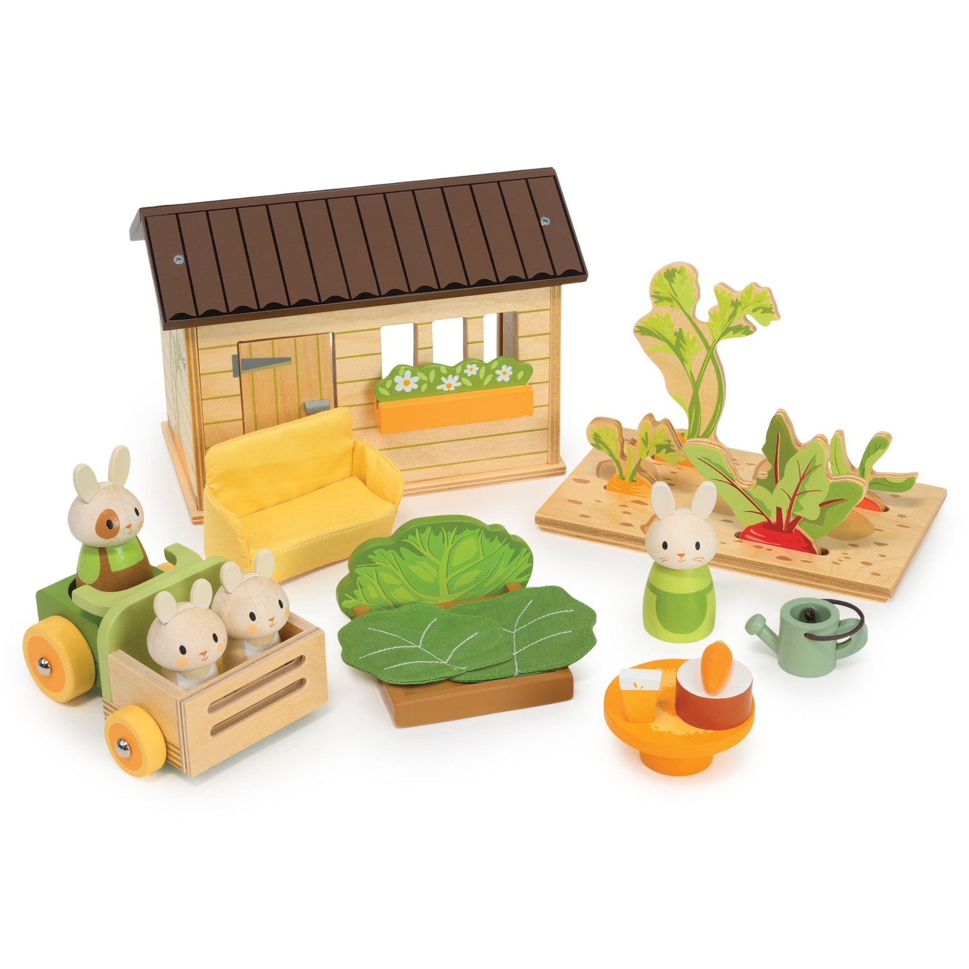 Wooden bunny carrot patch allotment with vegetables and bunny family