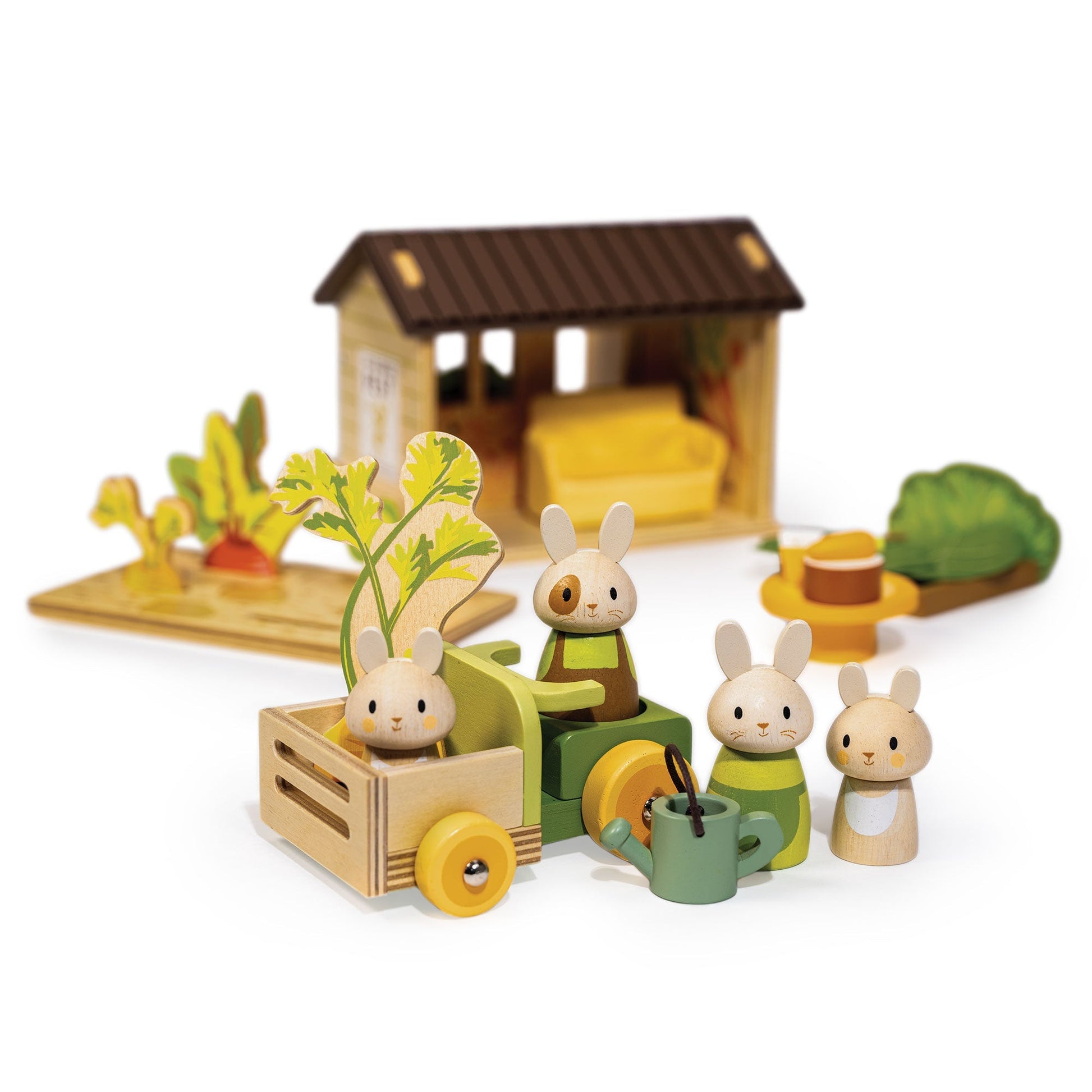 Wooden pram fashioned from a crate with a toddler bunny tucked inside