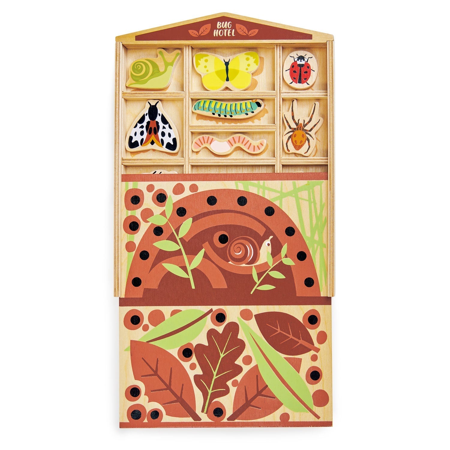 All thirteen wooden bug pieces lifted out of the board