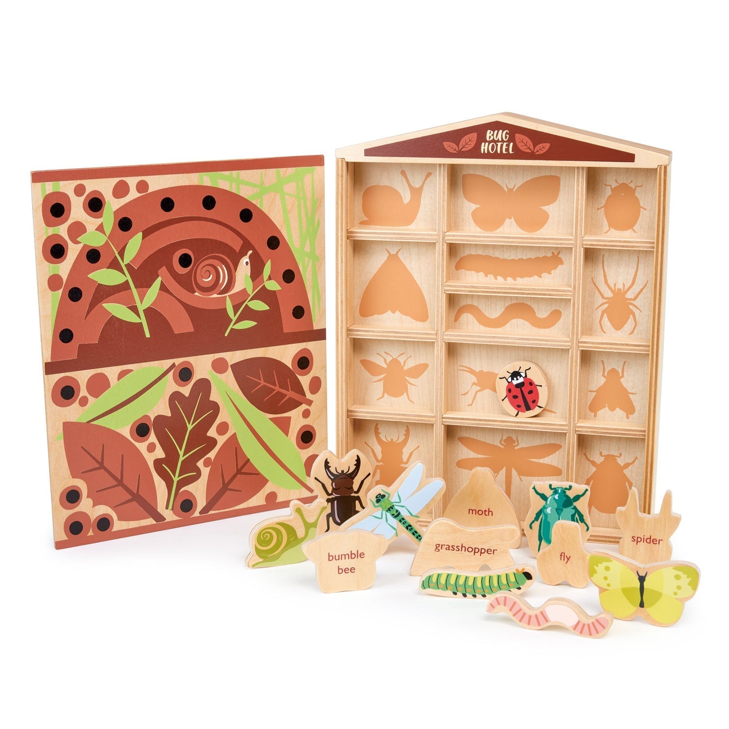 Child's hand placing a wooden ladybird back into its named slot