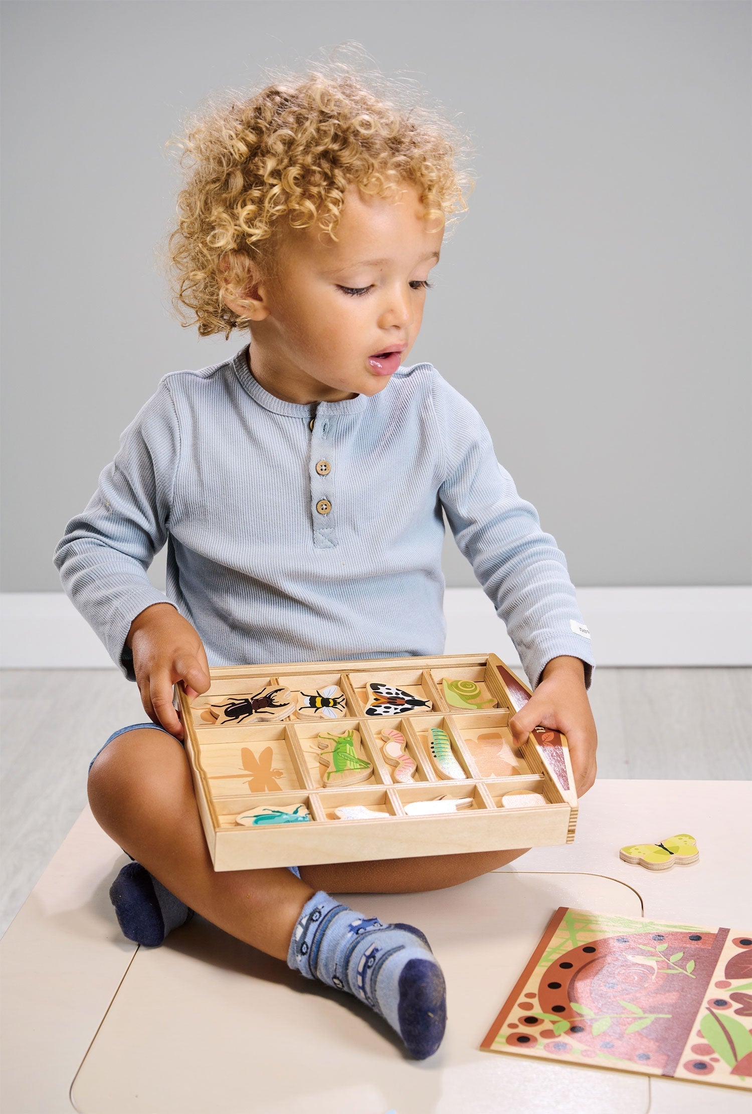 Scale shot of the bug hotel board on a child's reading table