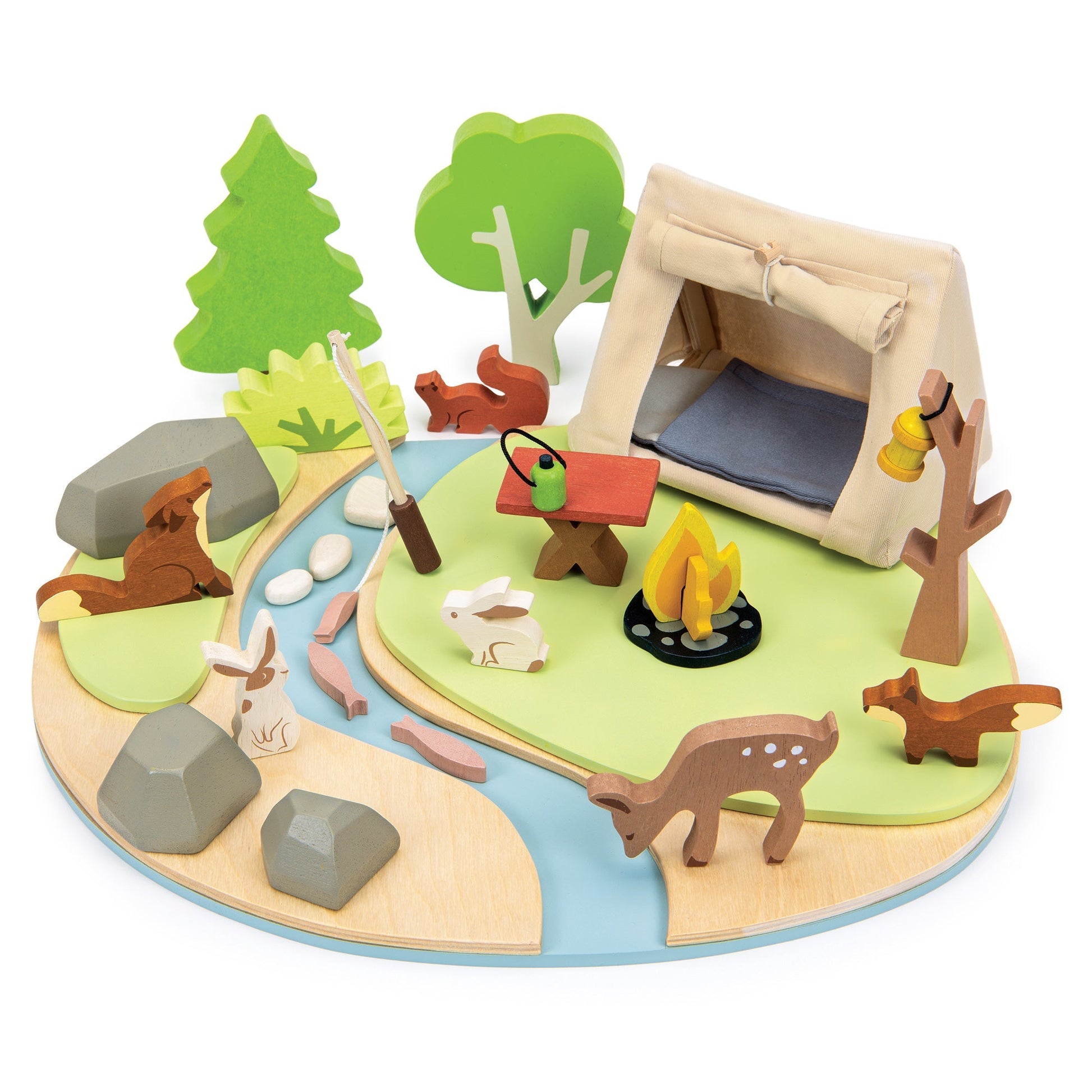 Wildlife Camping Diorama — Tent, Campfire, Fishing Rod, and Forest Animals on a Riverbank Base - bramwild