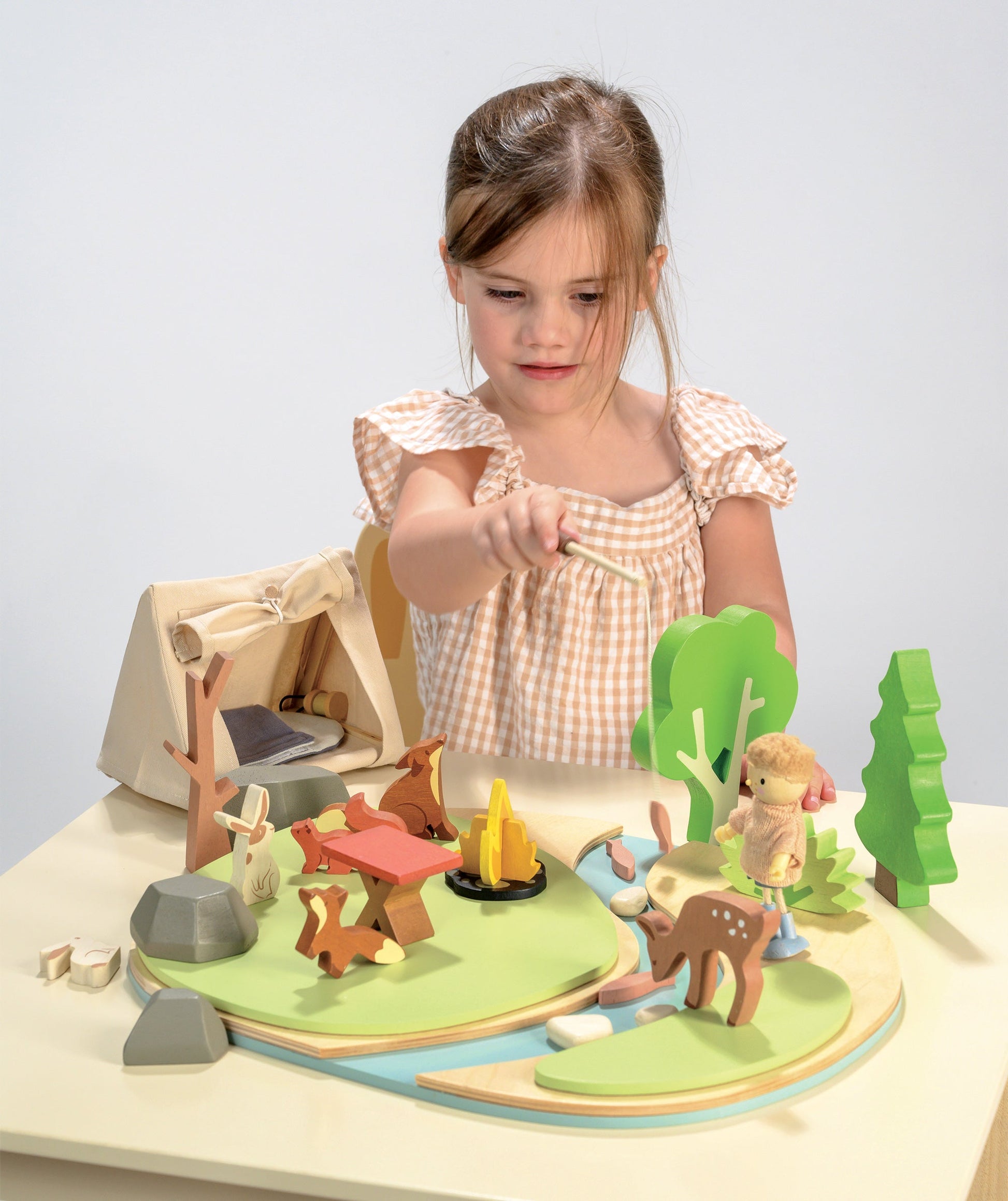Wildlife Camping Diorama — Tent, Campfire, Fishing Rod, and Forest Animals on a Riverbank Base - bramwild
