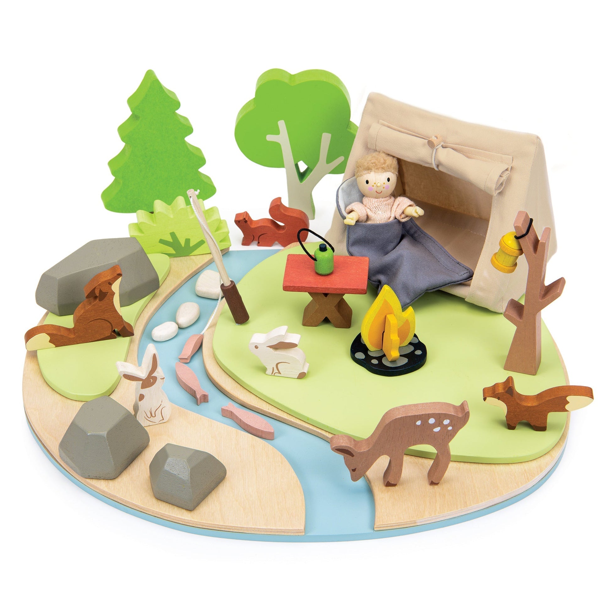 Wildlife Camping Diorama — Tent, Campfire, Fishing Rod, and Forest Animals on a Riverbank Base - bramwild