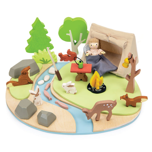 Wildlife Camping Diorama — Tent, Campfire, Fishing Rod, and Forest Animals on a Riverbank Base - bramwild