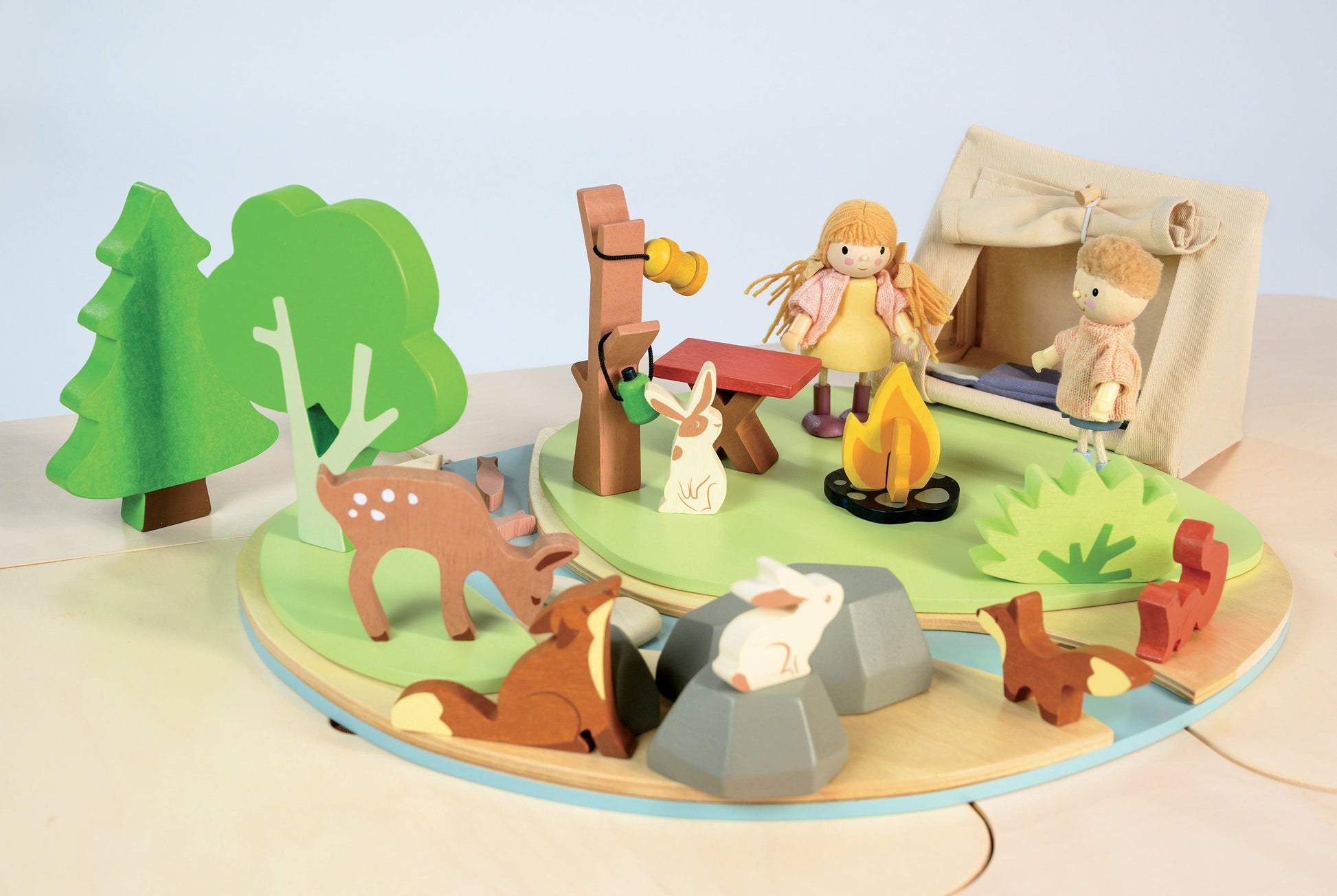 Wildlife Camping Diorama — Tent, Campfire, Fishing Rod, and Forest Animals on a Riverbank Base - bramwild