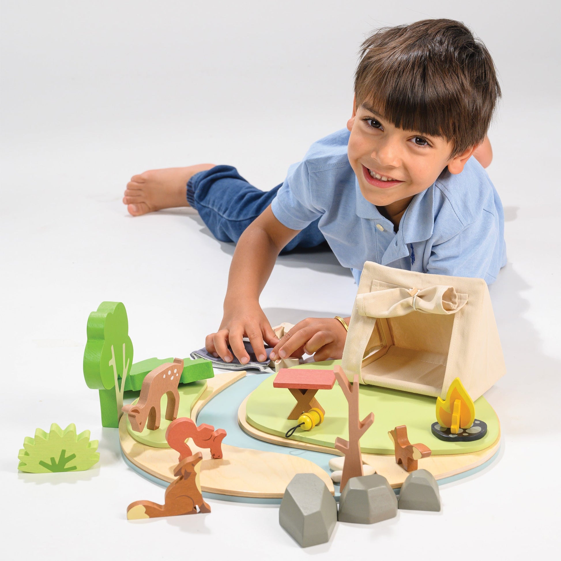 Wildlife Camping Diorama — Tent, Campfire, Fishing Rod, and Forest Animals on a Riverbank Base - bramwild