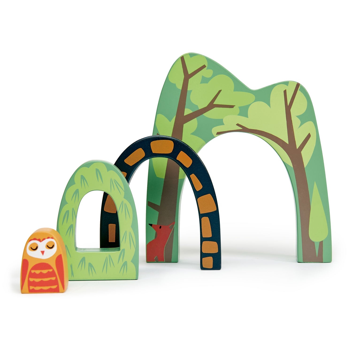 Overhead view of the four tunnel pieces interlocked, painted with foliage and woodland animals